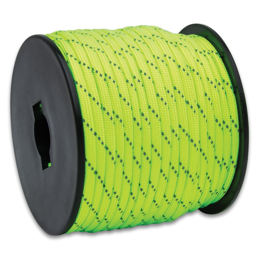Angled image of Florescent Green 750LBS Reflective Paracord Roll. image number 1